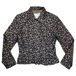 Annie Alexander Silk Leopard Print Zip Up Blazer Brown Navy Size Small